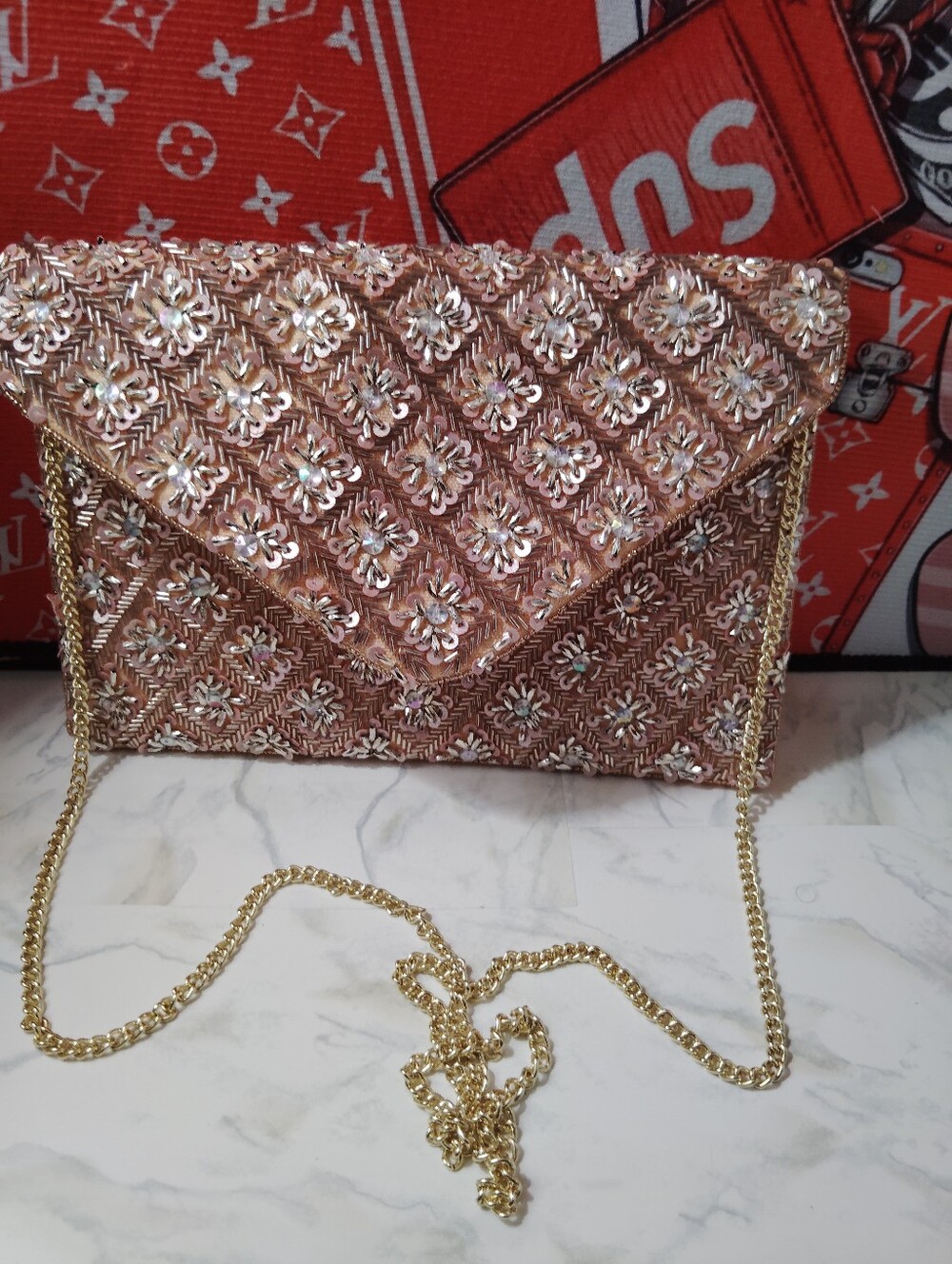 Shirdee Embellished Rose Gold Sequin Envelope Clutch